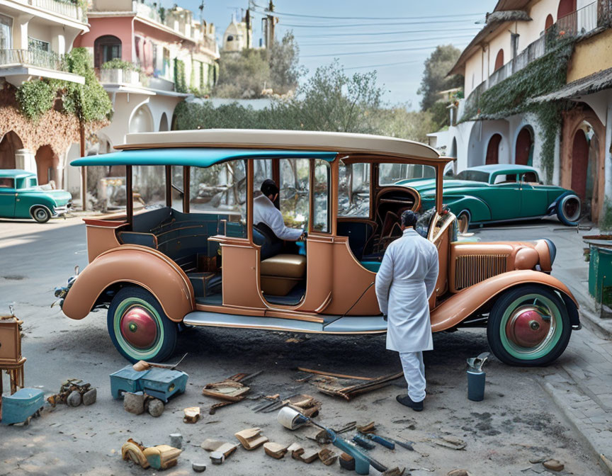 Vintage Car Servicing Scene with Tools and Classic Car Background