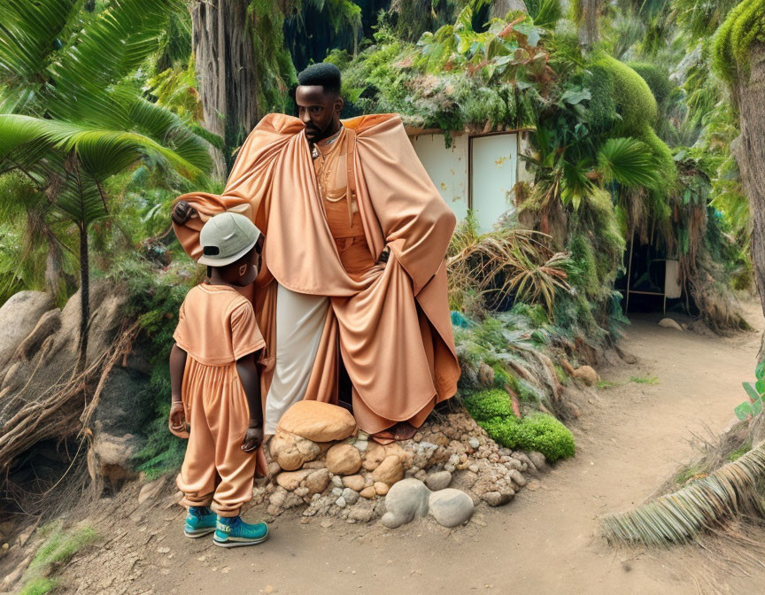 Man and child in matching orange outfits surrounded by exotic greenery