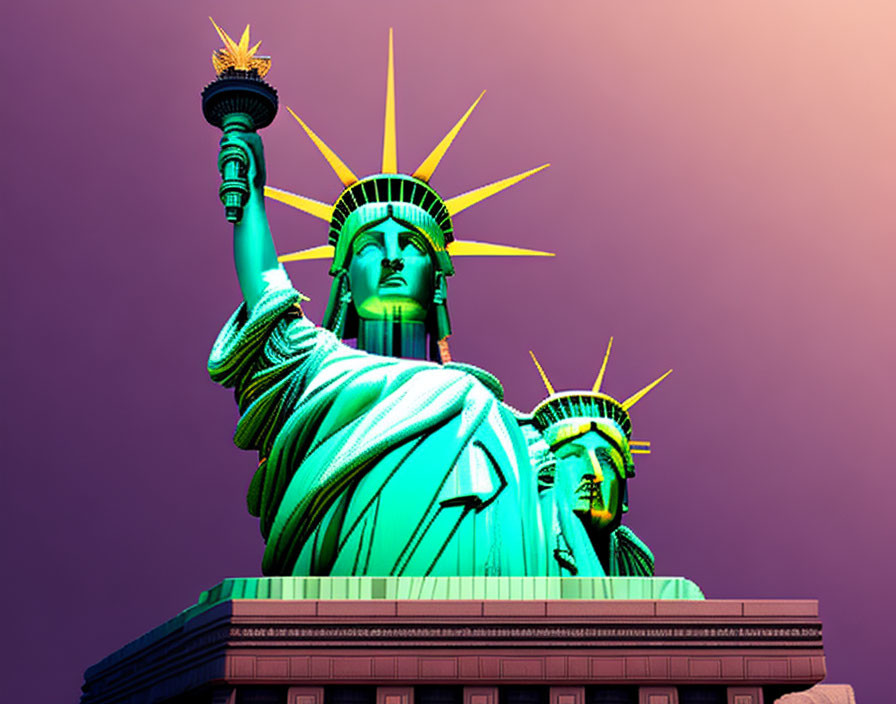 Iconic Statue of Liberty against purple to yellow gradient background