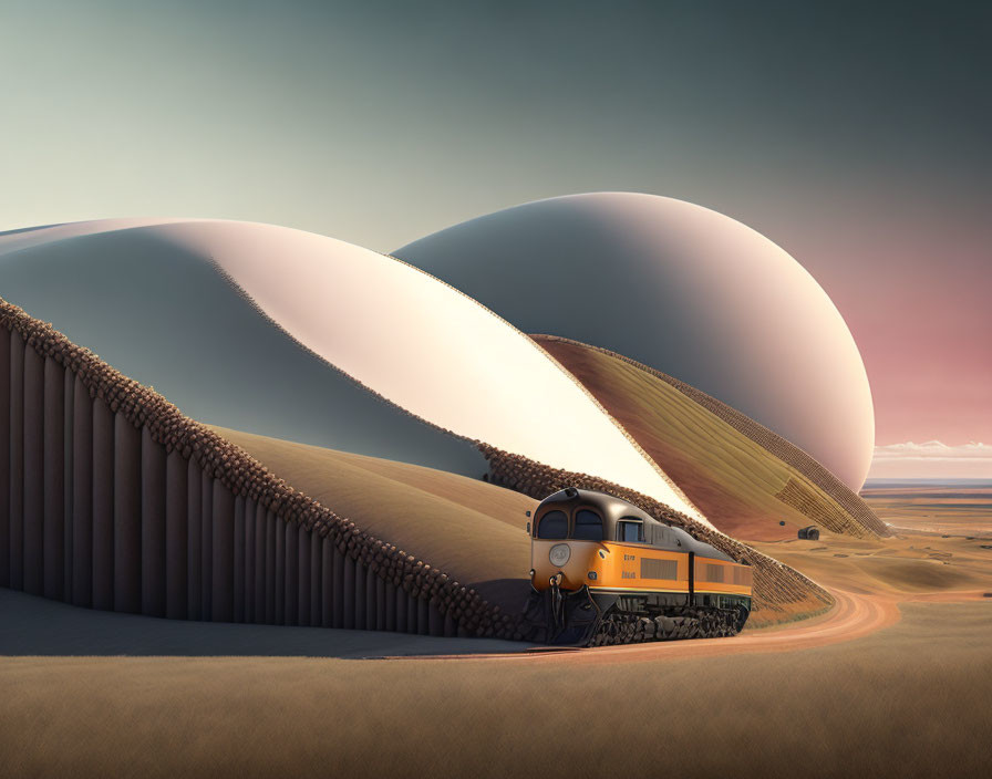 Surreal landscape with oversized zipper-like formations and pastel sky