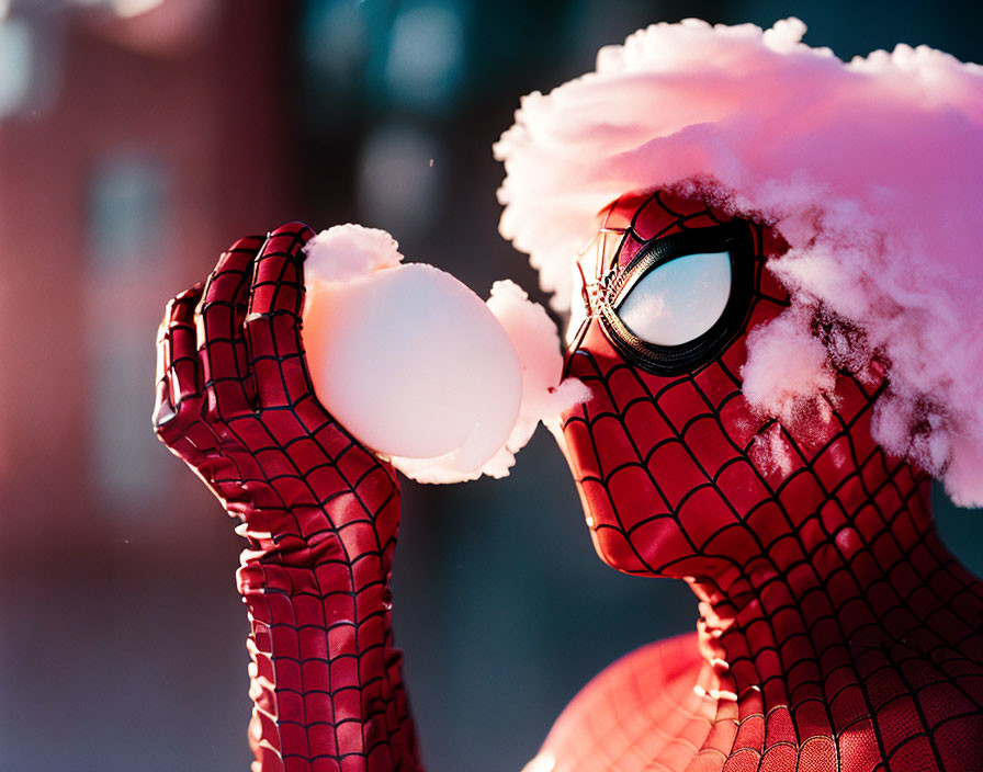 Person in Spider-Man costume with snowball under sunlight