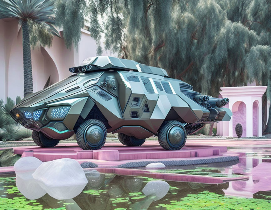 Geometric futuristic armored vehicle by pink water and exotic plants