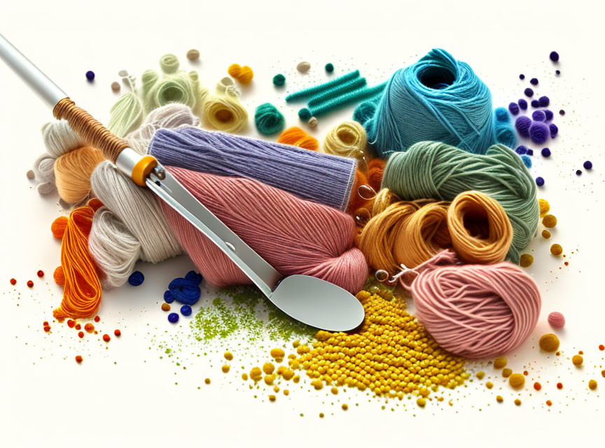 Vibrant embroidery threads, beads, and needle on white background