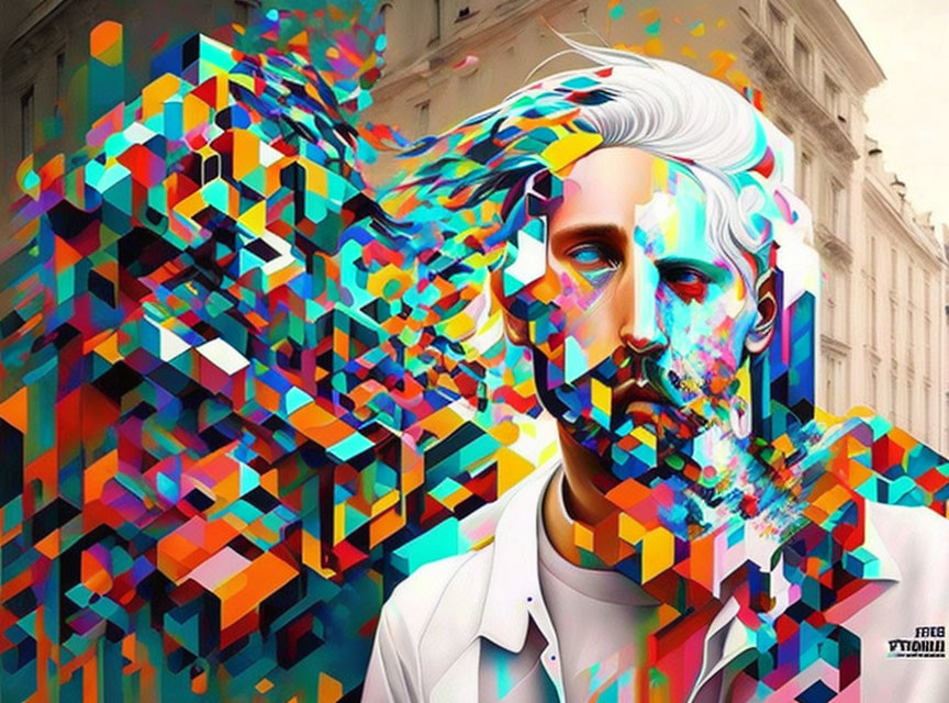 Colorful pixelated man in urban digital artwork