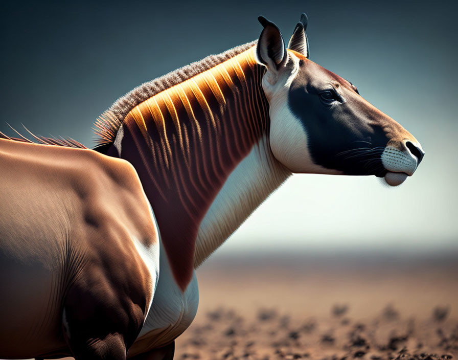 Striped legs and chocolate-brown body of an okapi in profile.