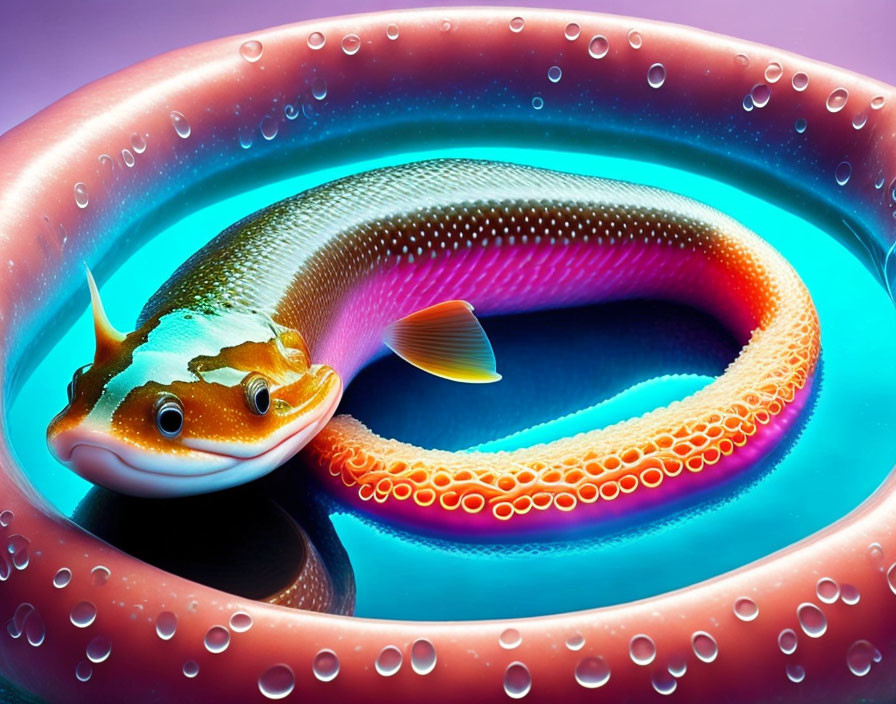 Whimsical fish in inflatable ring on colorful background