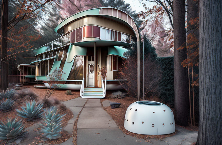 Circular Retro Design House in Forest: Large Windows & UFO Detail