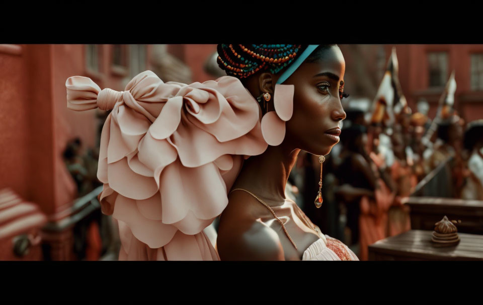 Colorful Woman with Bow and Hair Beads Stands Out in Warm Crowd