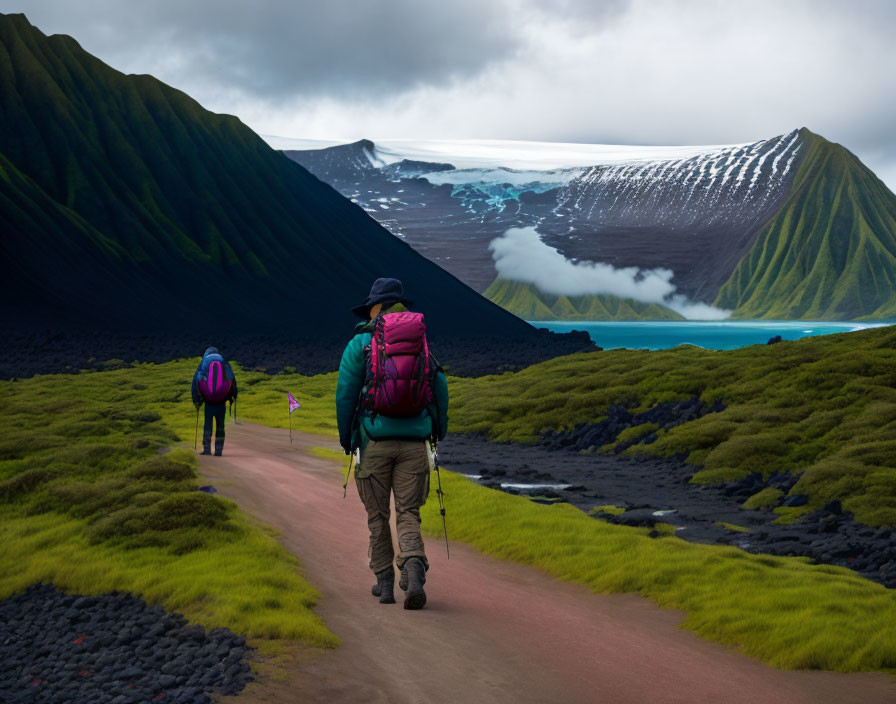 Hikers trekking through volcanic landscape with green mountains and glacier