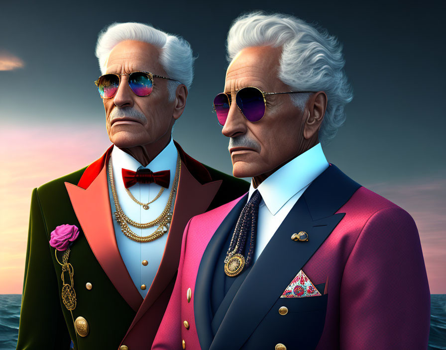 Elderly Animated Men in Colorful Suits and Sunglasses at Sunset