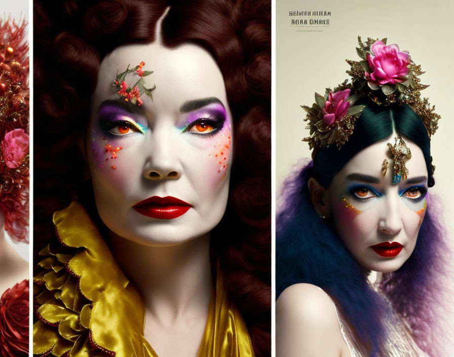 Model with artistic makeup and stylized hair in floral accessories: warm vs. cool tones