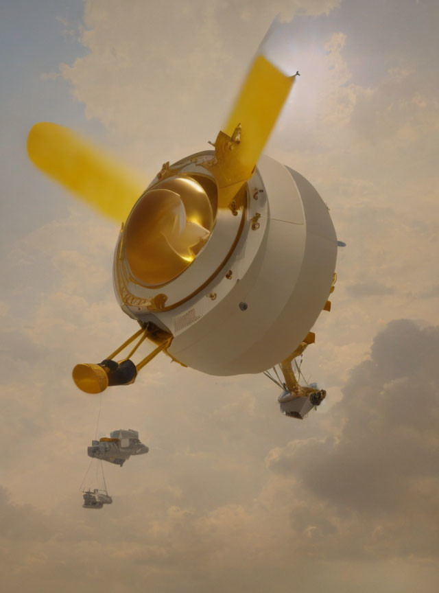 Fantastical airship with submarine-like design in cloudy sky