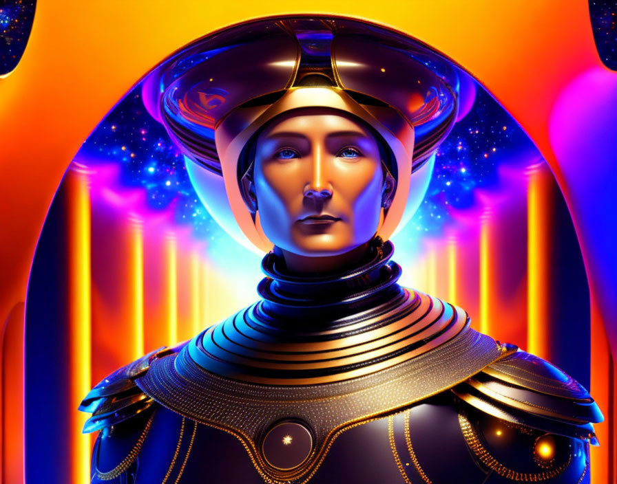 Digital Artwork: Futuristic Female Figure in Metallic Armor Against Cosmic Backdrop