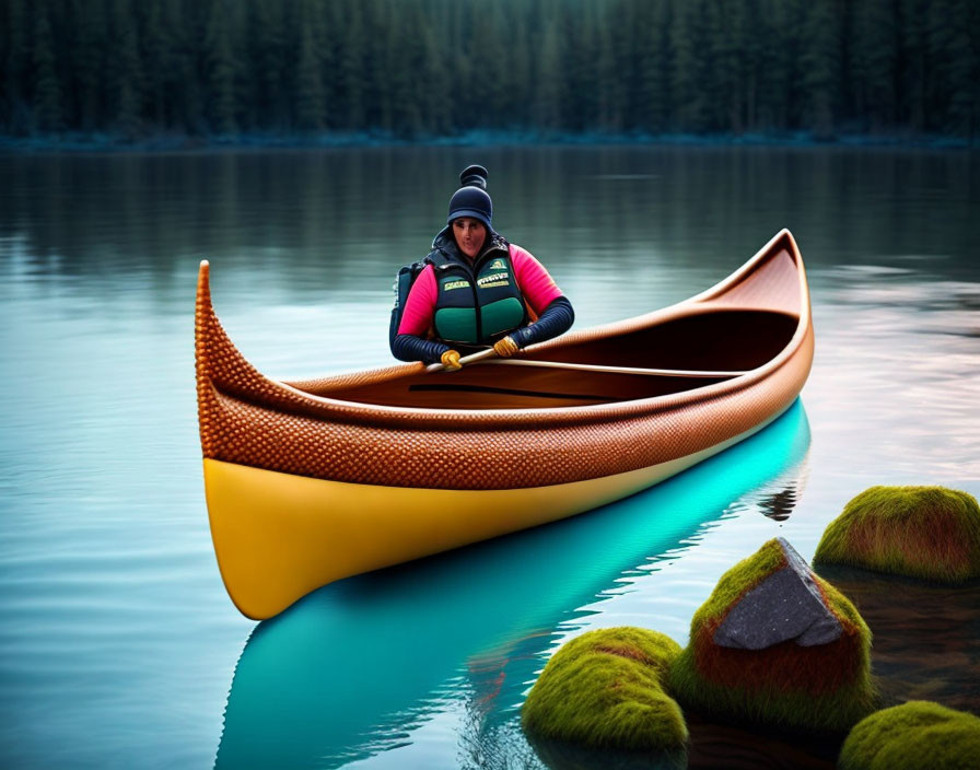 Person paddling orange canoe on tranquil blue lake with moss-covered rocks