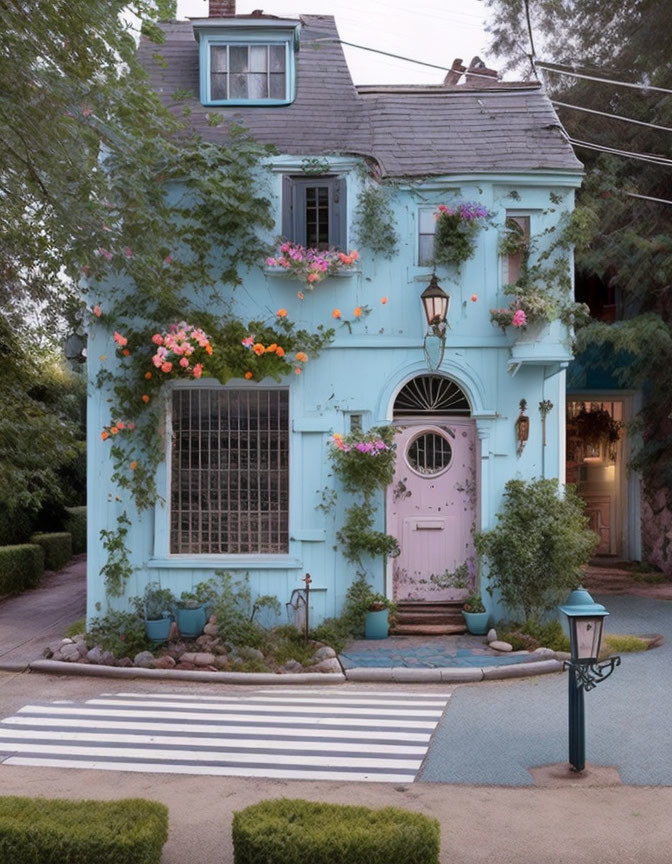 Charming blue two-story house with pink door and flower boxes.