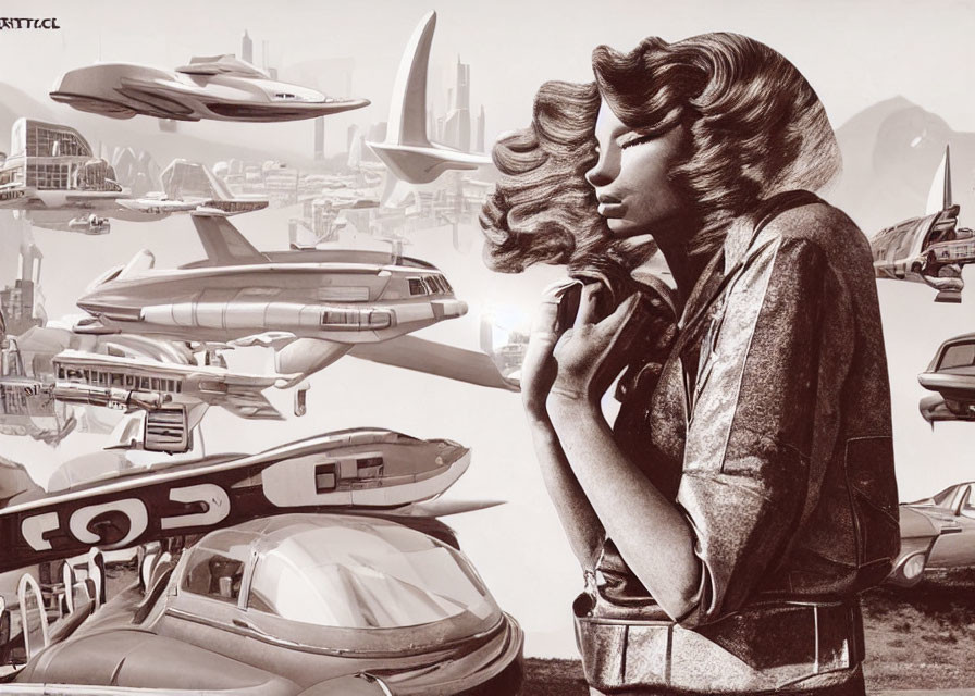 Retro-futuristic profile illustration of woman with stylized hair and futuristic backdrop