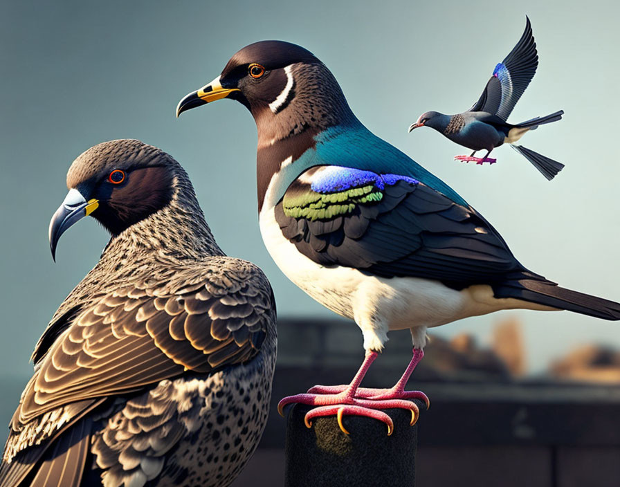 Three Perched Birds: Iridescent, Pigeon, Realistic Foreground