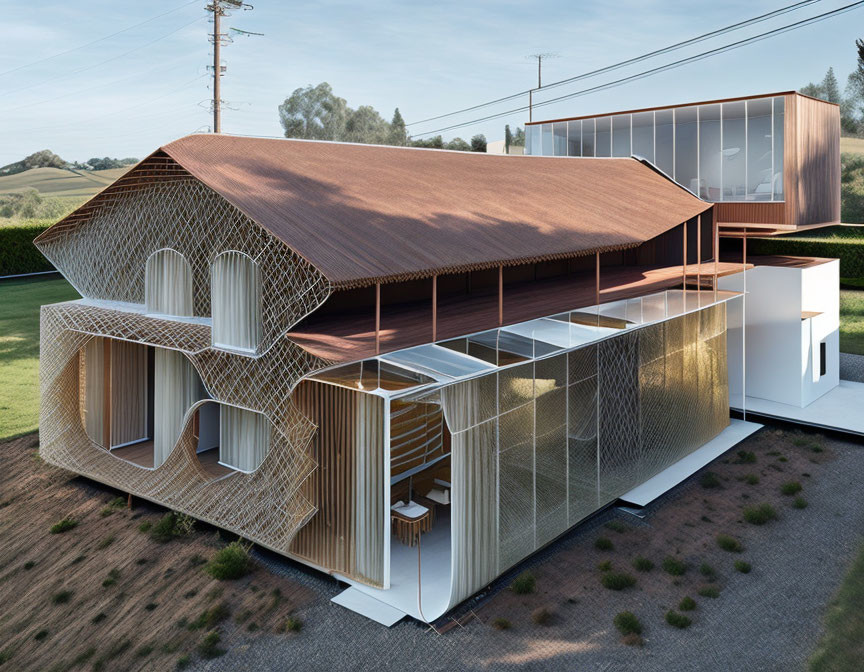 Contemporary house with wavy wooden grid design, glass windows, multiple levels, in green landscape.