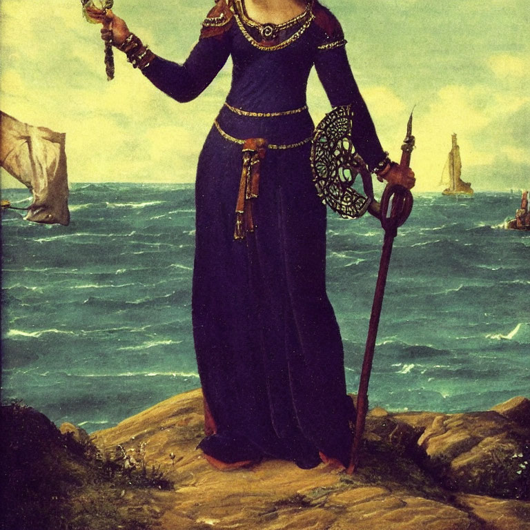 Regal woman in blue gown with scepter and ship's wheel on shore.