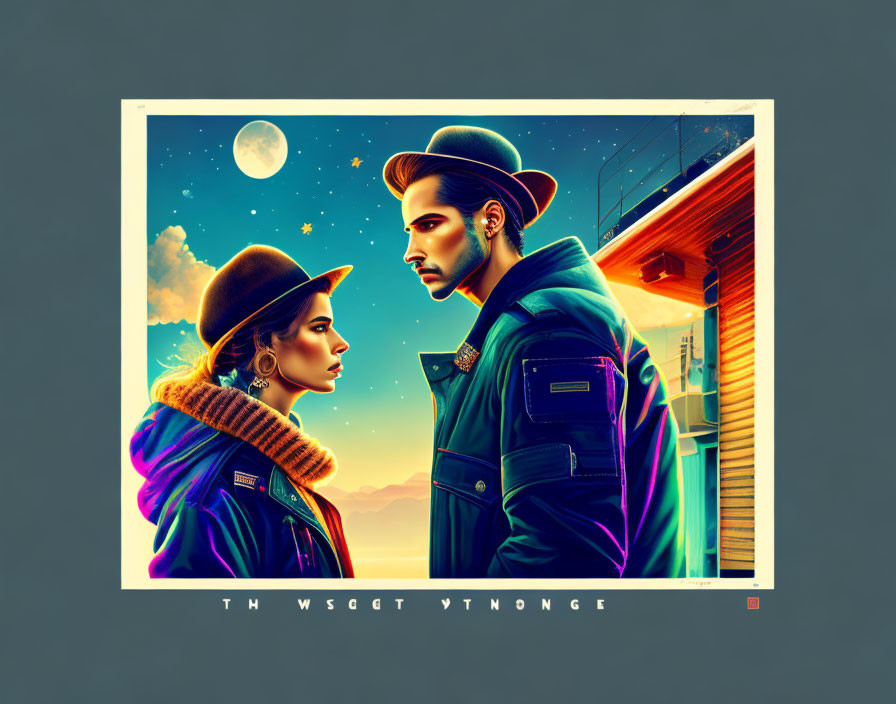 Stylized couple in retro-futuristic attire under surreal sky