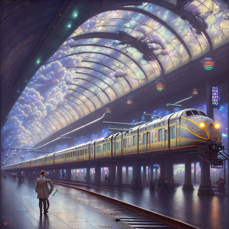 Futuristic train station with arched ceiling, starry sky, yellow train, and lone figure