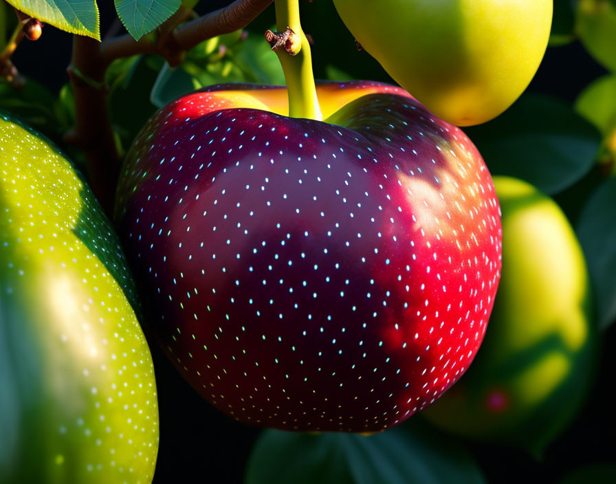 Red ripe apple with speckled skin among green apples on tree