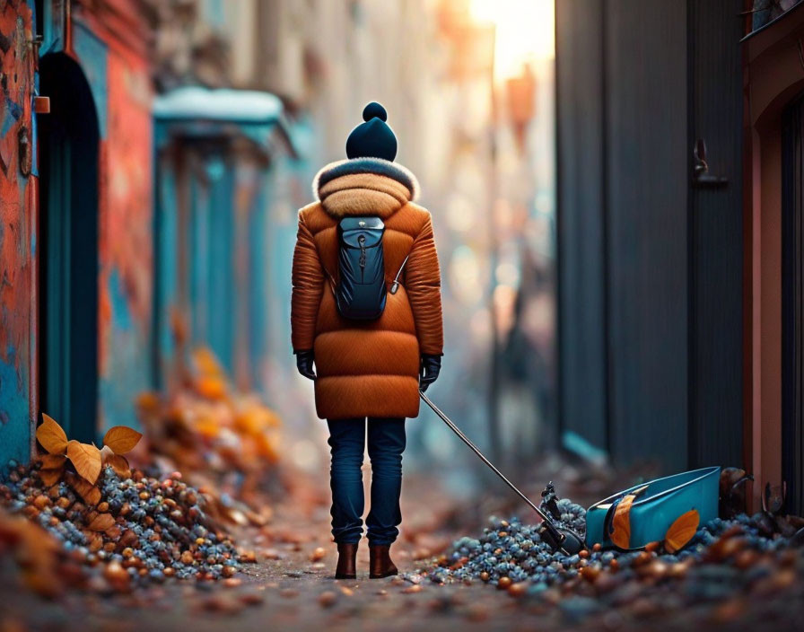 Person in warm coat walks small dog on cobblestone street with autumn leaves and buildings.