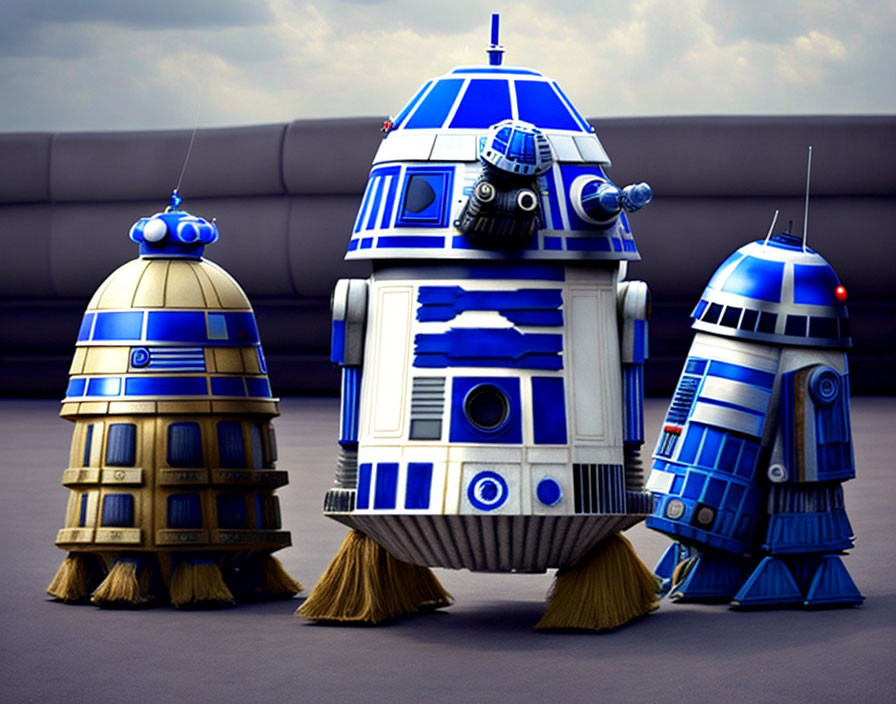 Whimsical animated style: Three droids with broom-like attachments sweeping floor