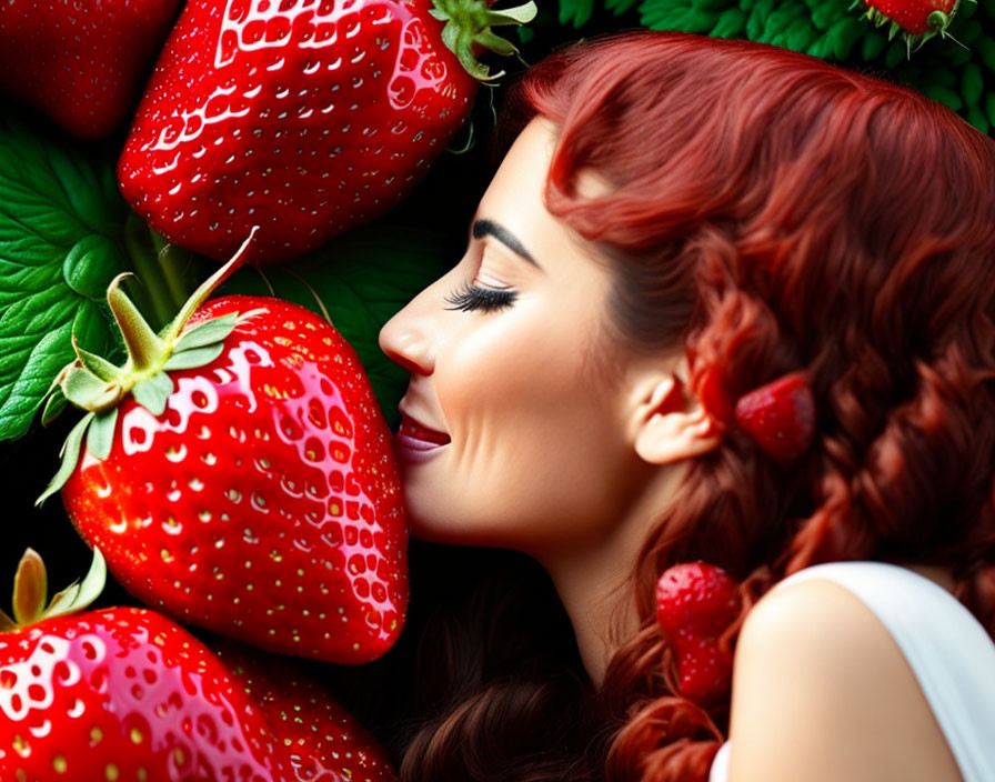 Red-haired woman surrounded by oversized strawberries and vibrant green leaves.