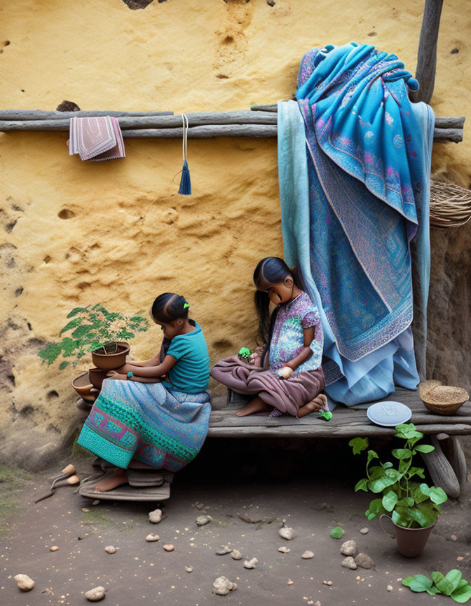 Two girls in traditional clothing by yellow mud wall with textiles and pottery.