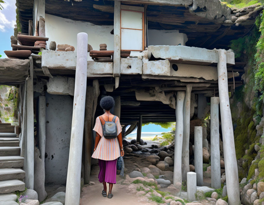 Traveler admiring traditional stone and wooden structure with beach view.