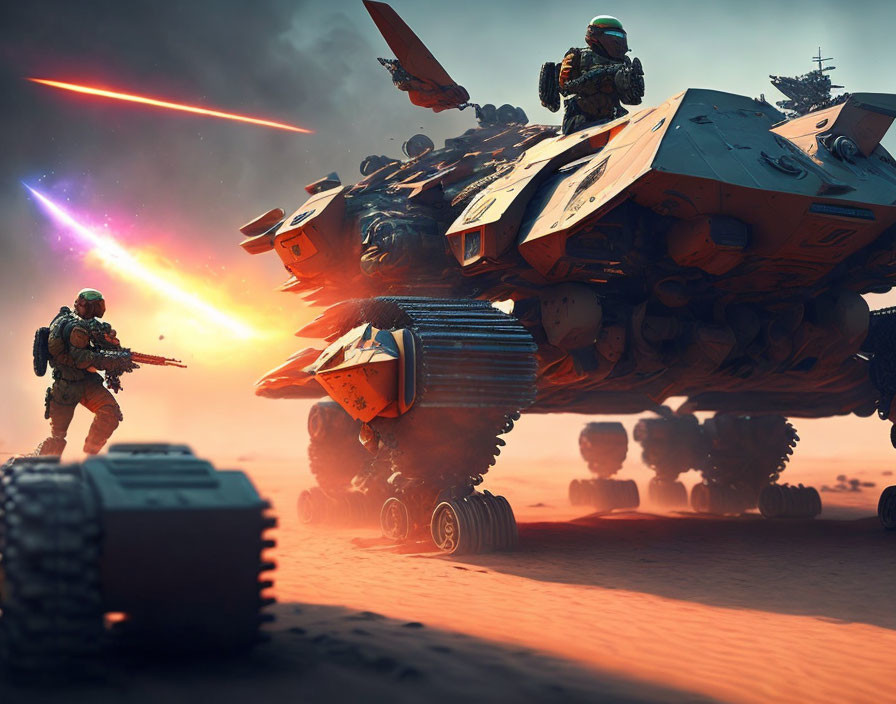 Futuristic desert battlefield with soldier, tank, and warships