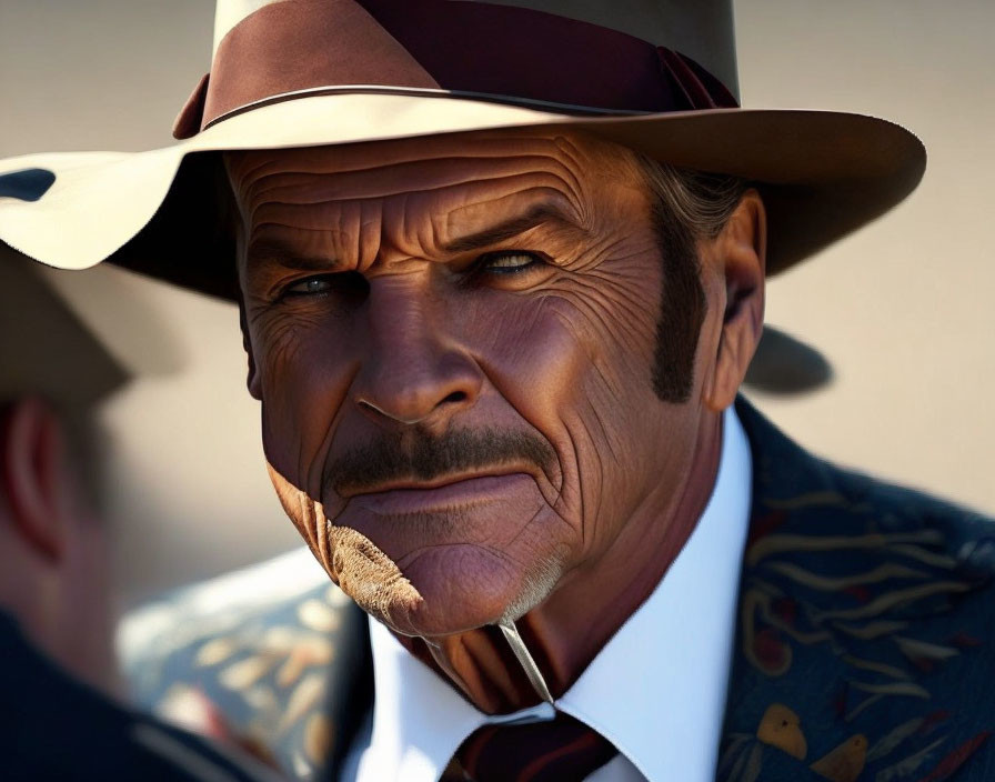 Man with mustache in cowboy hat and western-style coat, toothpick in mouth, looking intently