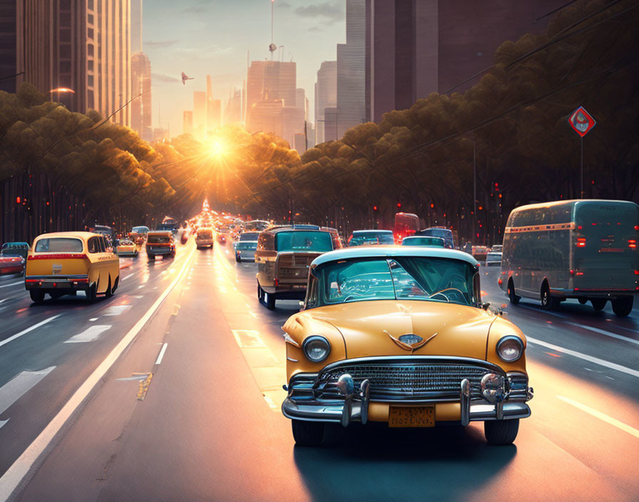 Diverse Vintage Car Lineup on City Street at Sunset