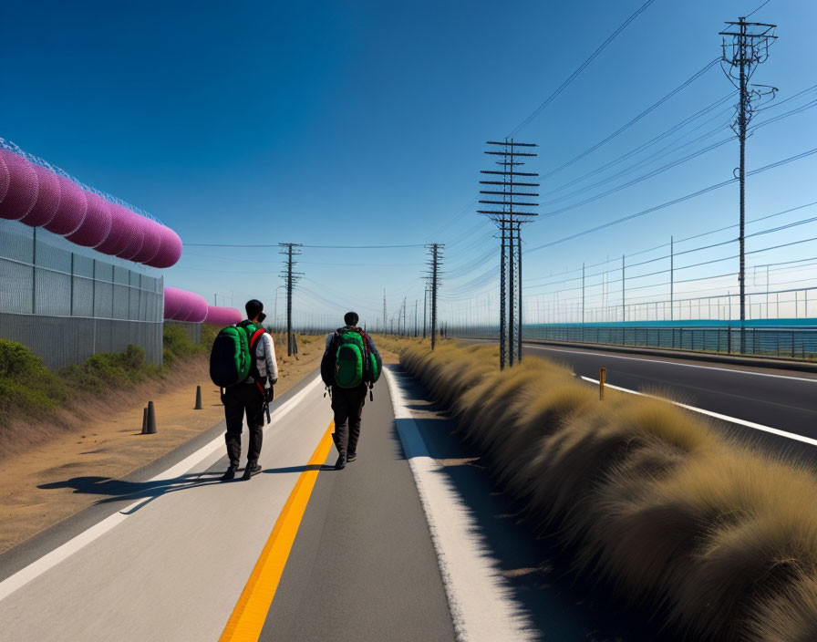 Two people walking by pipes and power lines on road