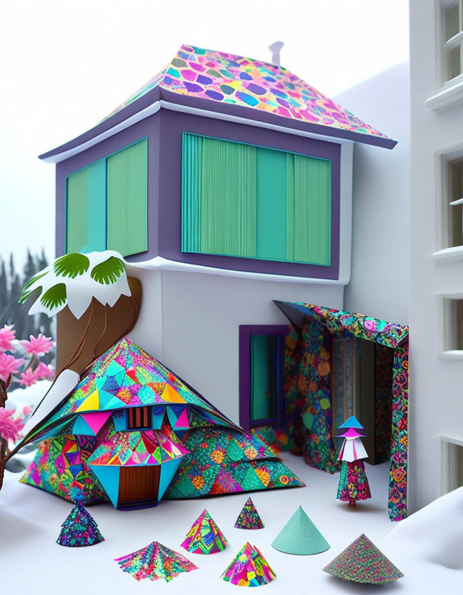 Colorful Geometric Patterned House in Snowy Setting