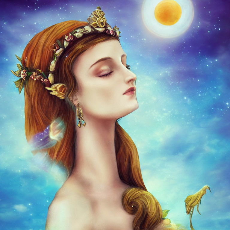 Portrait of woman with floral crown under sunny sky, stars, and bird.