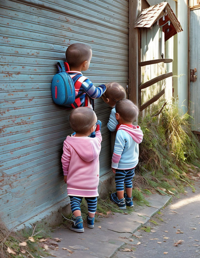 Children peeking through hole in wooden gate with backpacks.