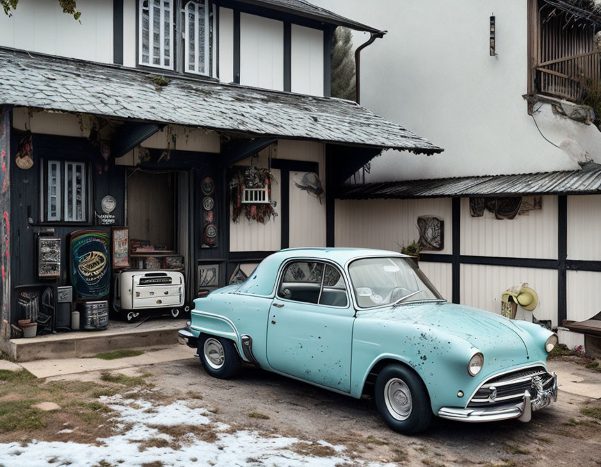 Vintage turquoise car with white spots outside traditional Japanese house in snow.