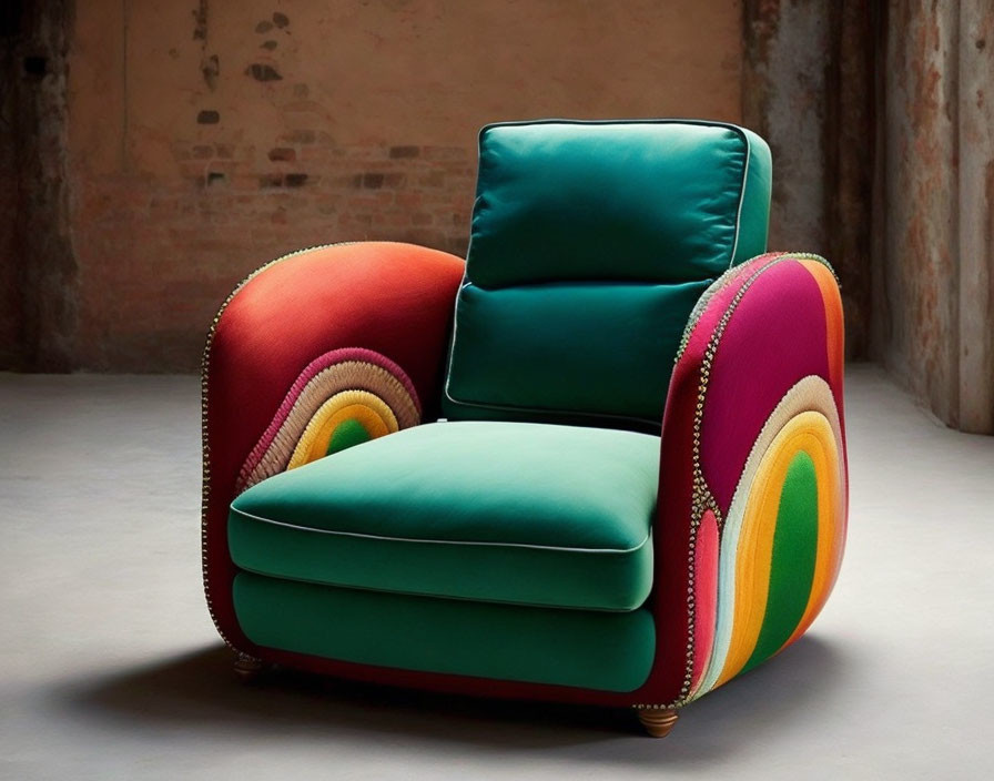 Colorful Modern Armchair with Green Cushion & Rainbow Backrest in Rustic Room