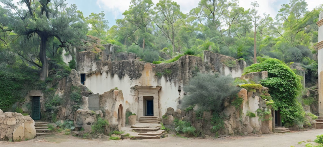 Ancient ruins with arched doorway in overgrown greenery.