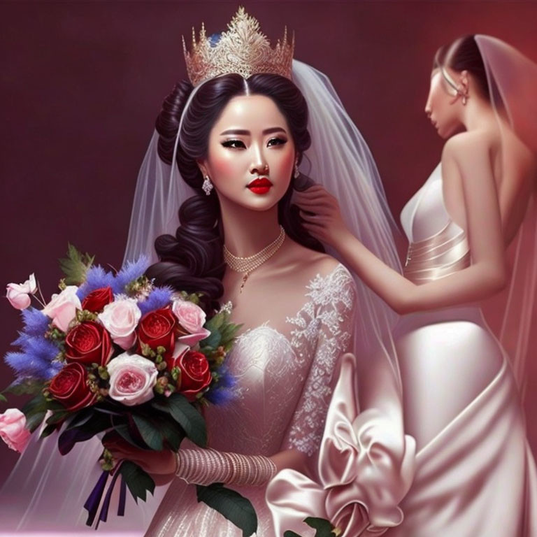 Bride with Crown and Bouquet Reflecting in Mirror Wedding Illustration