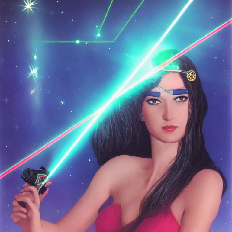 Stylized cosmic woman with laser beams and futuristic gun