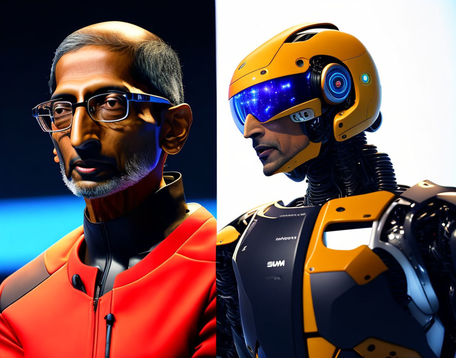 Stylized portraits: person with glasses and formal attire next to humanoid robot in futuristic suit