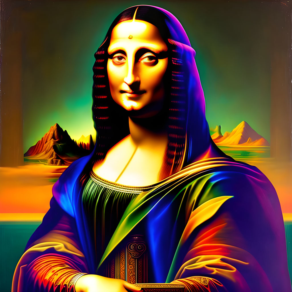 Colorful reinterpretation of Mona Lisa with psychedelic hues against mountain backdrop