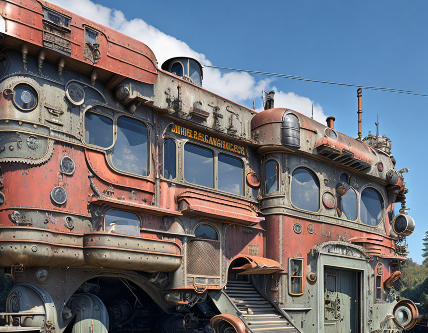 Vintage Double-Decker Train with Round Windows on Blue Sky