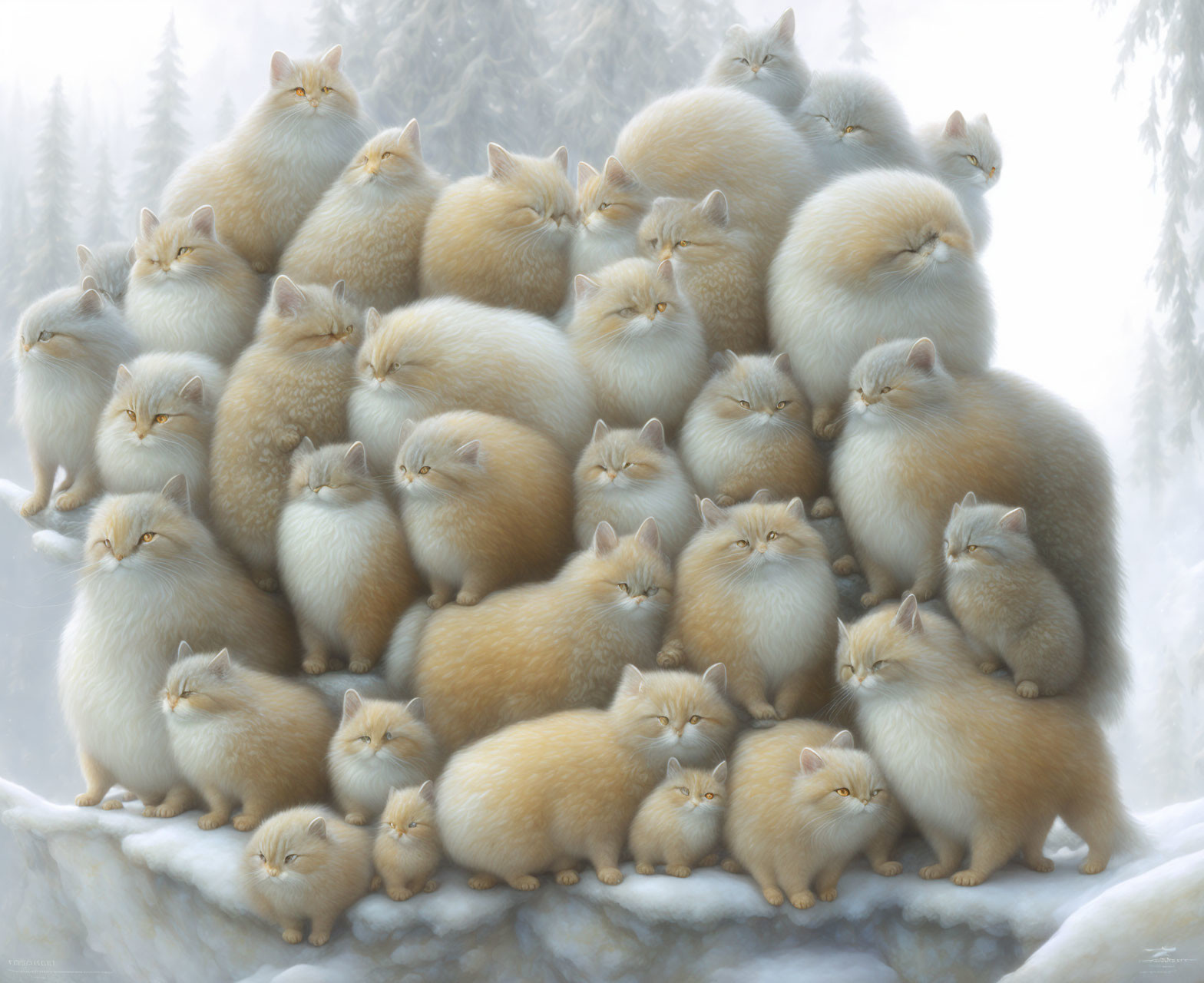 Numerous Fluffy Foxes Gather on Snowy Ledge in Wintry Forest