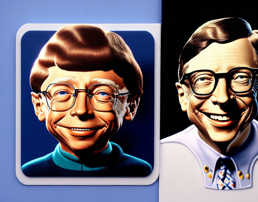 Man with Glasses in Caricature Illustrations: One Smiling in Blue Sweater, Other in