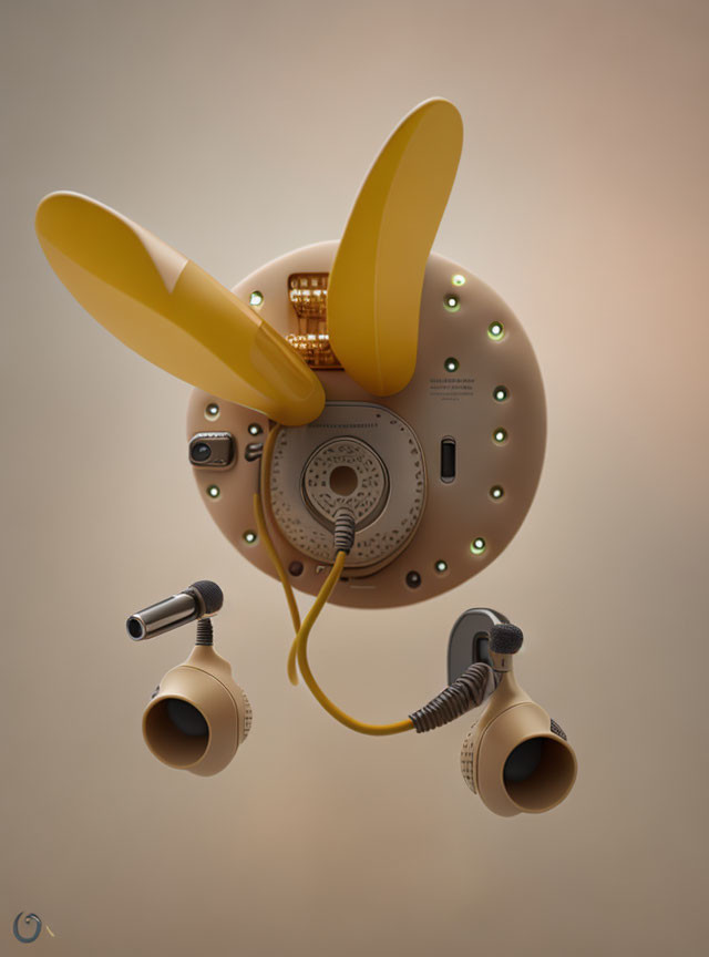 Yellow propeller blades, circular body, green lights, hoses with nozzles - Futuristic Device