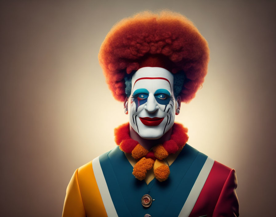 Colorful Clown Portrait with Red Afro and Painted Face